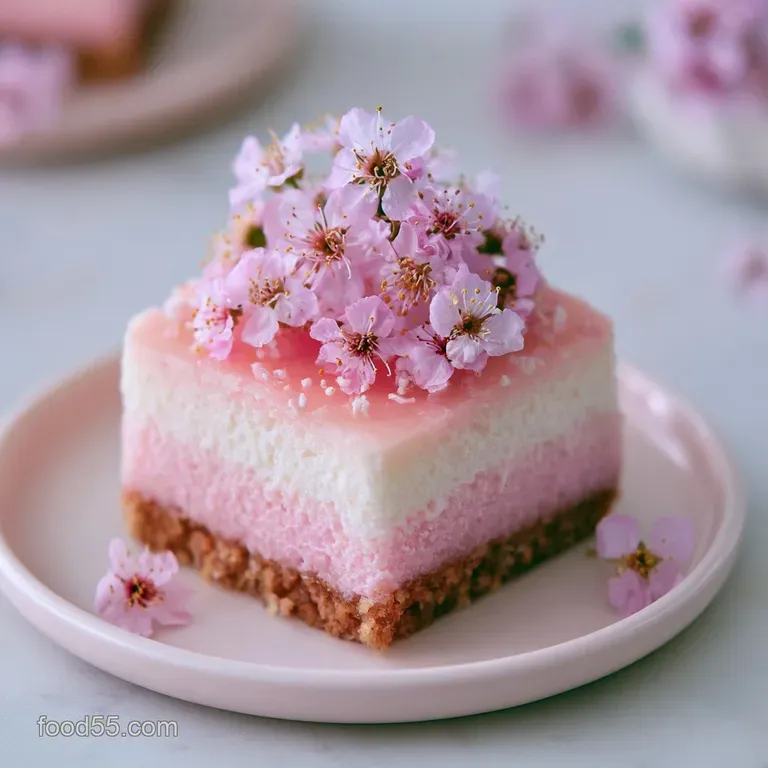 A petite gradient-colored cake adorned with fresh floral blooms on a minimalist white platter with a gold fork.