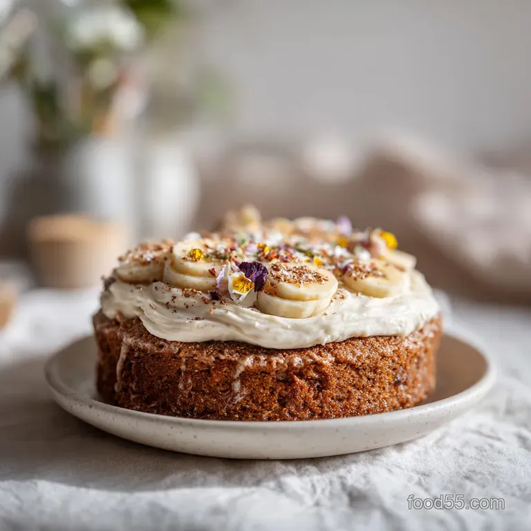 A generous slice of moist banana cake, richly frosted, artfully arranged with a sprinkle of nuts.