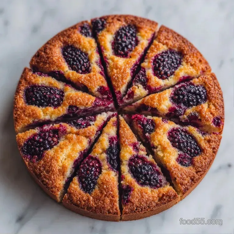 Golden cake slice paired with creamy white yogurt and glossy dark berries, accented by a sprig of fresh mint leaf.