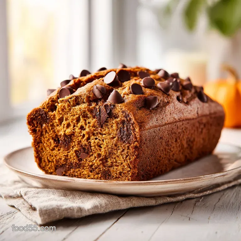 A slice of spiced pumpkin bread, showcasing moist crumb and melted chocolate chips, elegantly served.