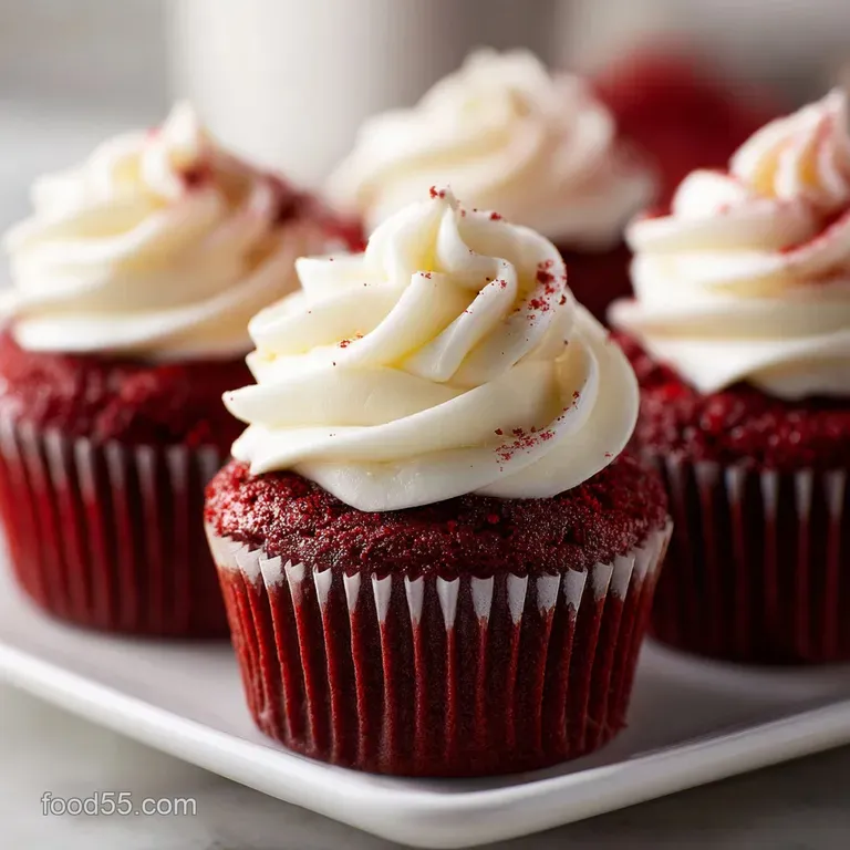 A single red velvet cupcake on a delicate plate, swirled frosting perfectly piped, cocoa powder dusting a delightful, swee...