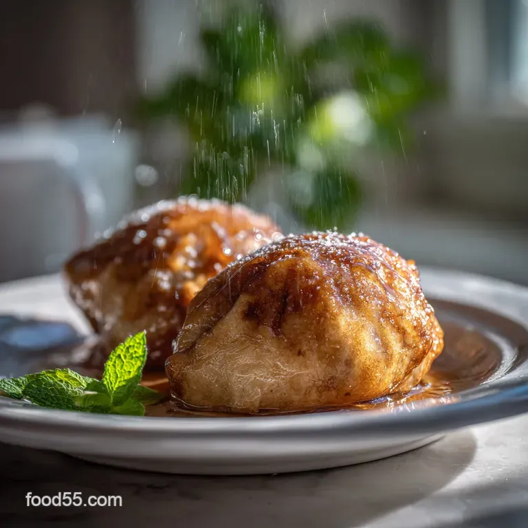 Apple dumpling halves reveal tender cooked apples. Sticky, bright green glaze complements the golden brown crust on a whit...