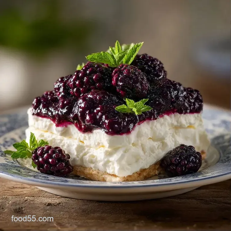 A neat slice of layered berry cake topped with plump mulberries and a sprig of mint on a polished marble plate.