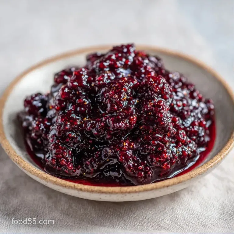 Glossy burgundy preserve swirled on a buttered toast slice, garnished with a tiny sprig of mint and lemon zest.