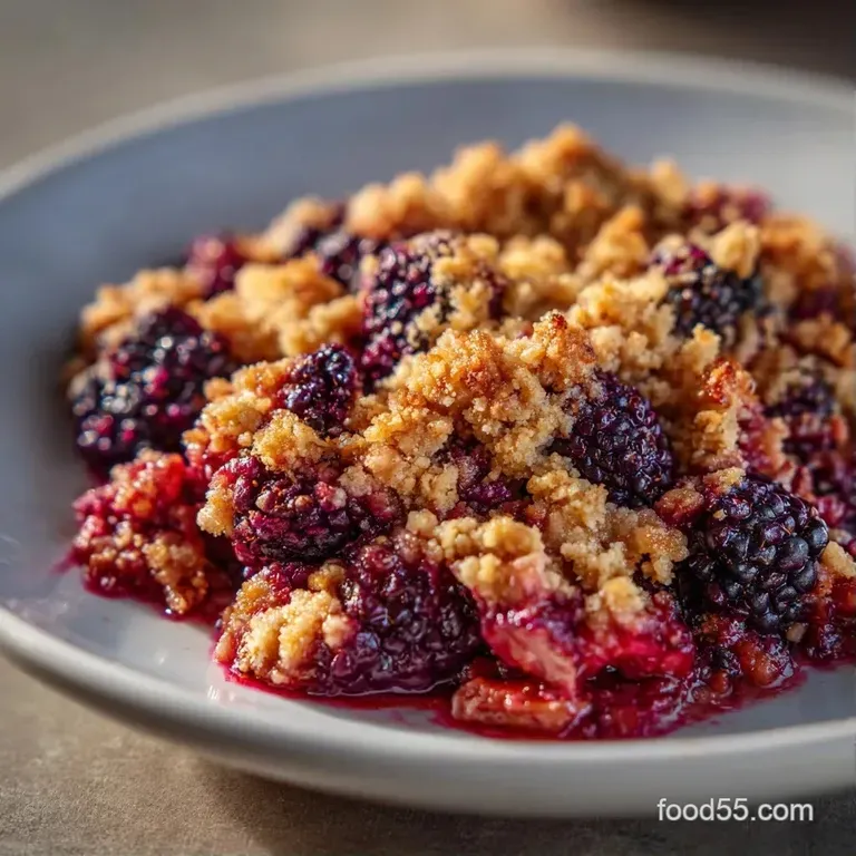 A slice of warm fruit crumble topped with a melting scoop of vanilla cream on a minimalist white ceramic plate.