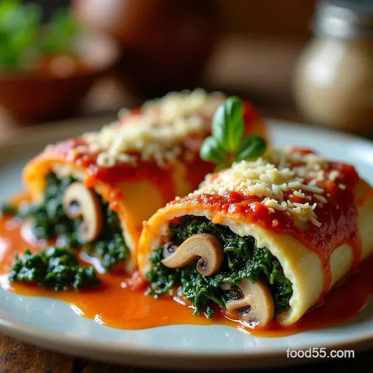 Mushroom Kale Lasagna Rolls Creamy Ricotta Caramelized Mushrooms presentation