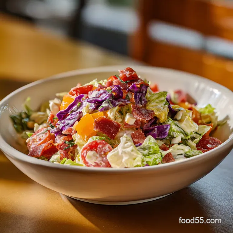 A neatly arranged chopped salad showcasing the bright colors of romaine, cucumber, red onion, and crumbled cheese in a sha...