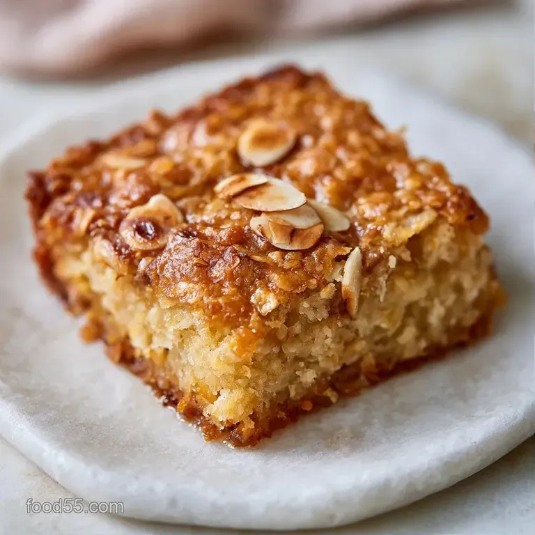 Neatly stacked oat bars on a white ceramic platter with scattered almond slivers and a golden honey drizzle.