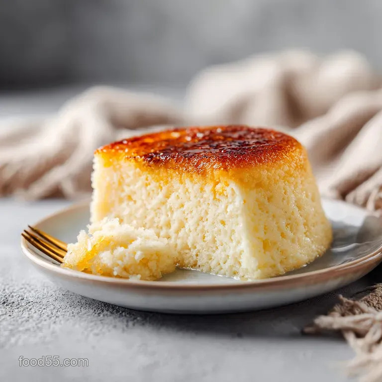 Slice of warm, golden niangao cake dusted with powdered sugar, resting on a white plate. Steaming coffee completes the ele...