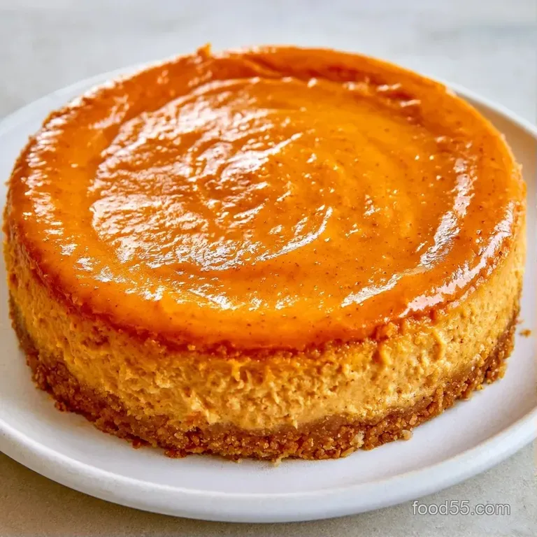 Elegant slice of smooth orange dessert on a ceramic plate, topped with whipped cream and a sprinkle of cinnamon.