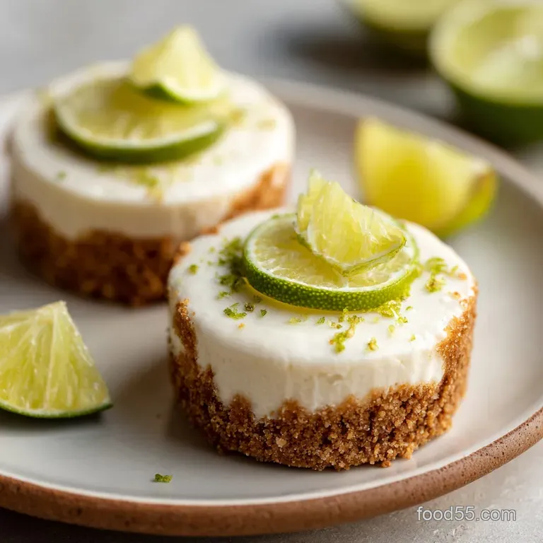 Mini key lime pies elegantly arranged on a white plate, drizzled with whipped cream.