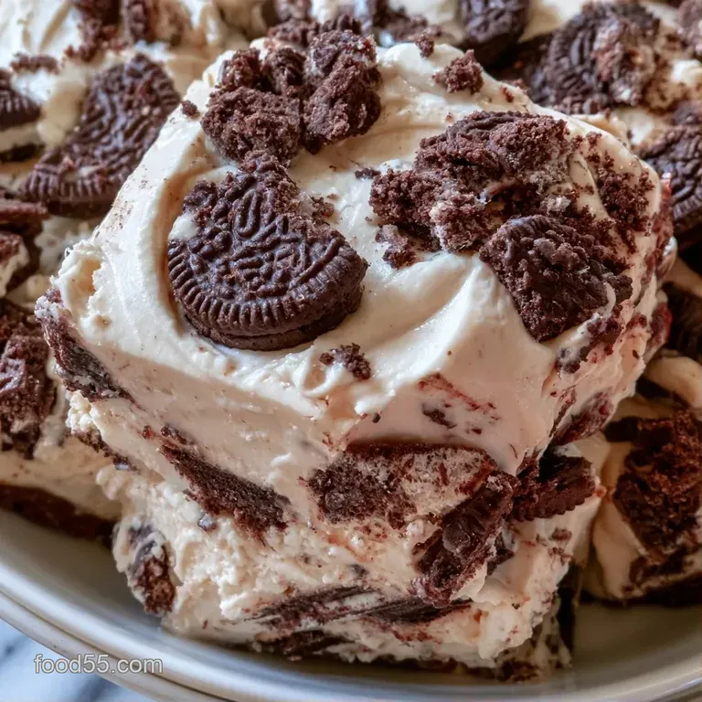 Sliced dessert squares on a plate, showcasing layers of dark cocoa crust and smooth, airy white cream filling.
