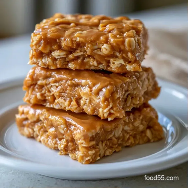 A stack of golden oat bars with visible peanut chunks and a drizzle of honey resting on a white ceramic plate.