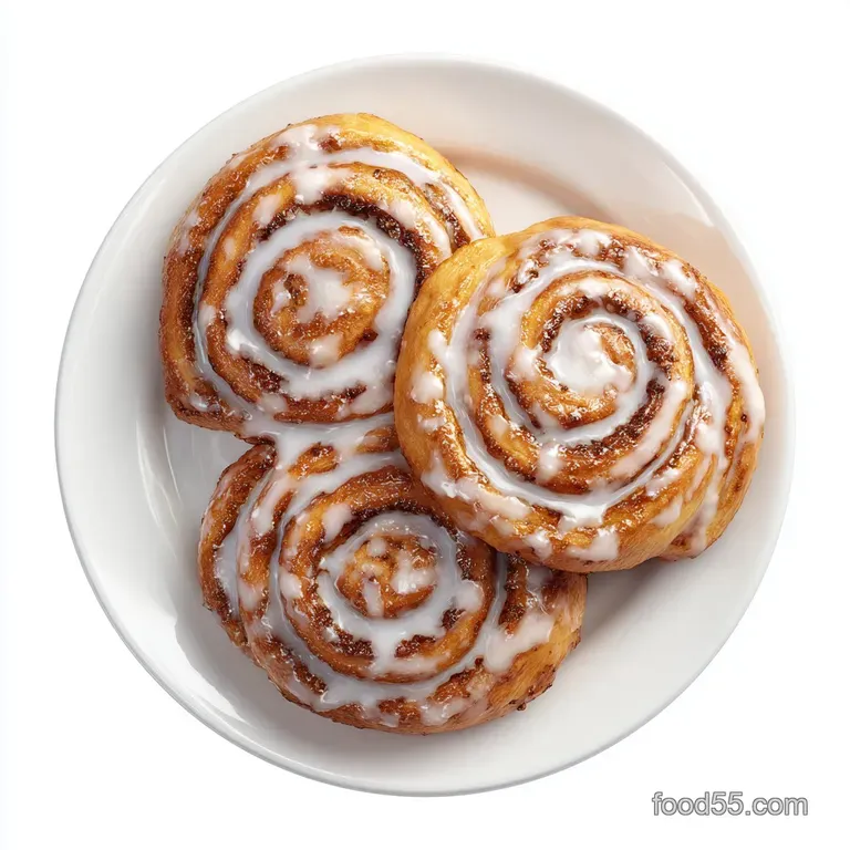 A single spiral pastry with gooey white icing on a white plate, paired with a cup of steaming black coffee.