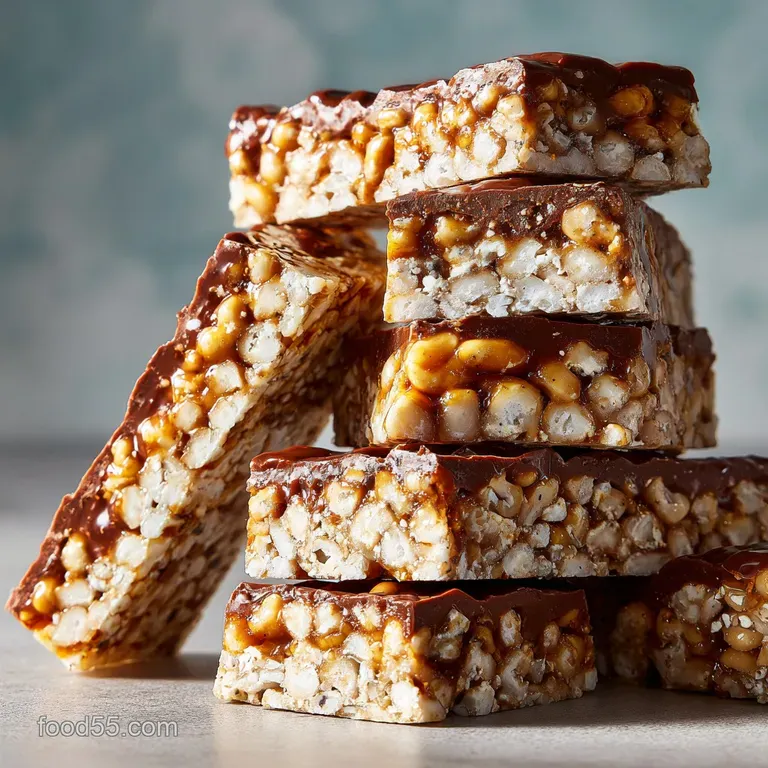 Stacked homemade crunch bars, glistening with melted chocolate, presented on a rustic wooden board, hinting at rich flavors.