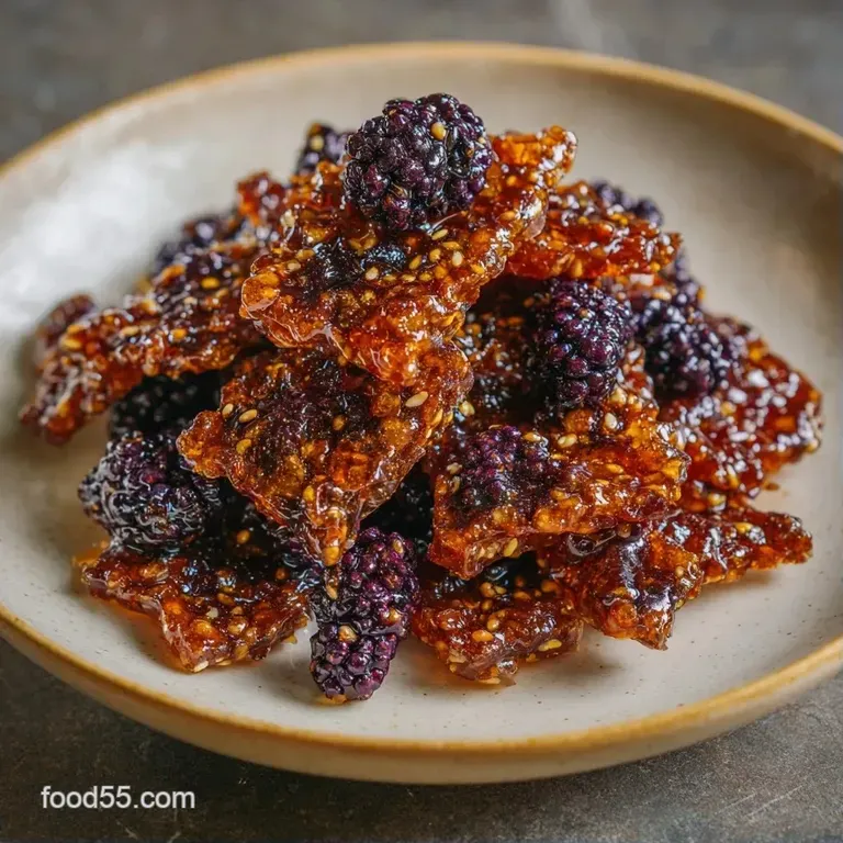 Glossy amber candy shards scattered artistically on a white marble slab with a dusting of powdered sugar.