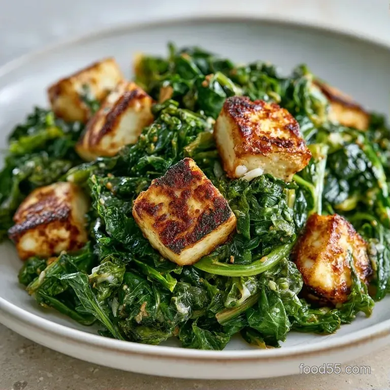 Sautéed paneer and dark leafy greens in a white ceramic bowl, garnished with fresh cilantro and cream swirls.