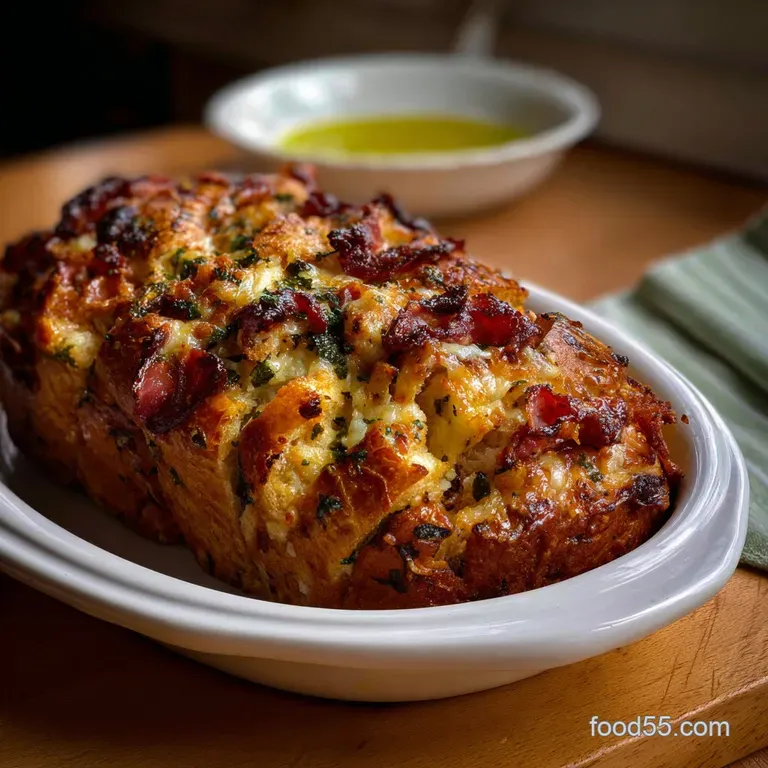 Warm, crusty bread slice with molten cheese and bacon crumbles, artfully arranged on a wooden board with olive oil.