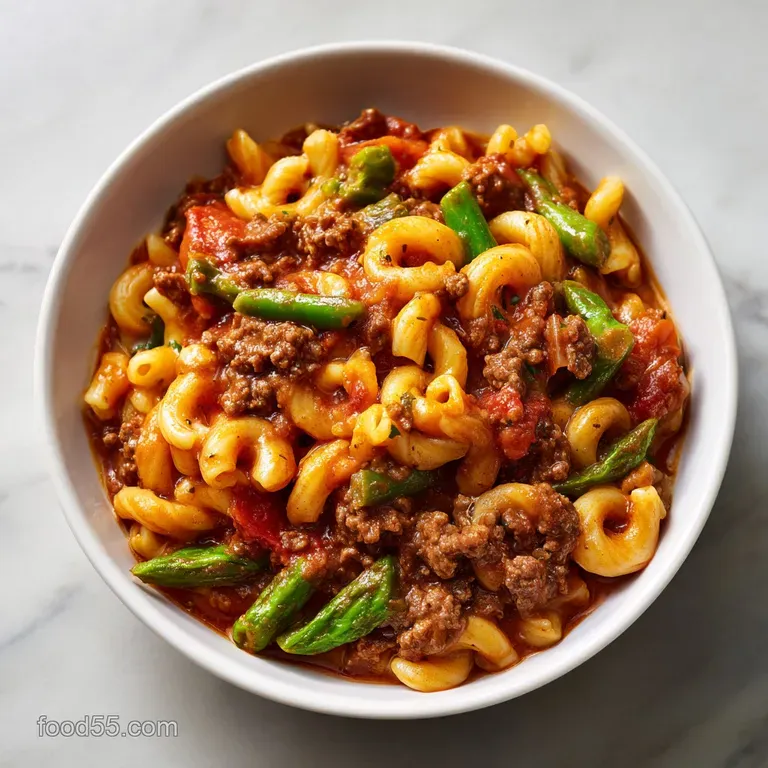 Glistening, deep red goulash served in a white bowl, topped with a dollop of creamy sour cream and a sprinkle of fresh par...