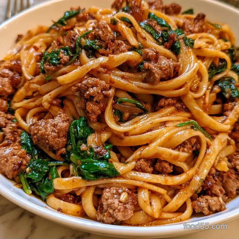 A ceramic bowl filled with curly noodles, seared beef, and a jammy egg, topped with sliced scallions and sesame seeds.
