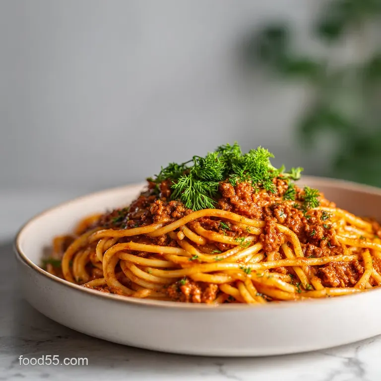 Elegant plated spaghetti and meat sauce, glossy, deep red sauce clinging to perfectly twirled pasta, garnished with fresh ...