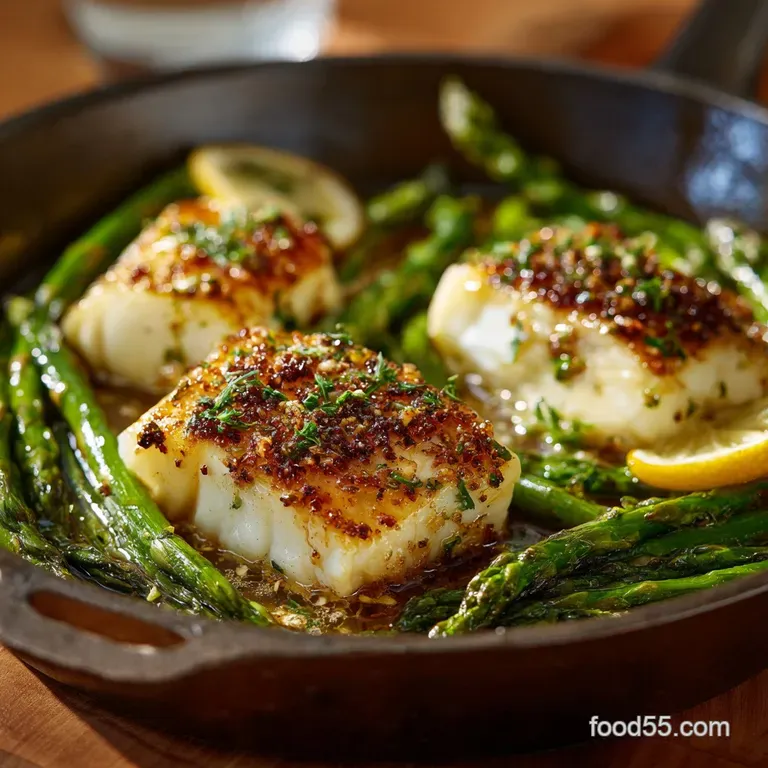 The Speedy Supper Onepan Garlic Butter Cod with Lemon Asparagus presentation