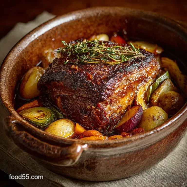 Onepot Pork Roast Dinner Ciderglazed Root Vegetables Meltingly Tender Pork presentation