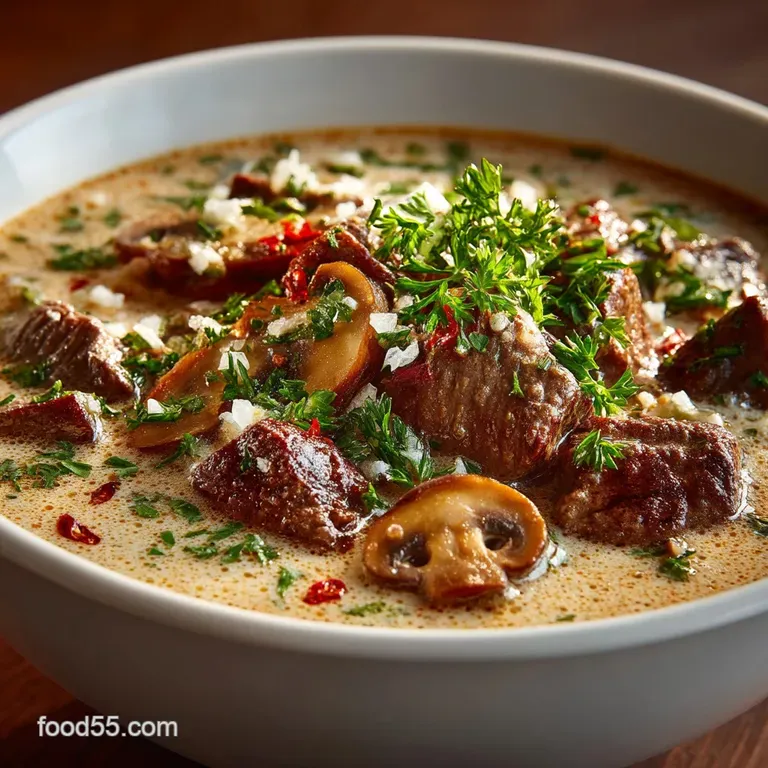 The Ultimate Onepot Speedy Beef Stroganoff Soup presentation