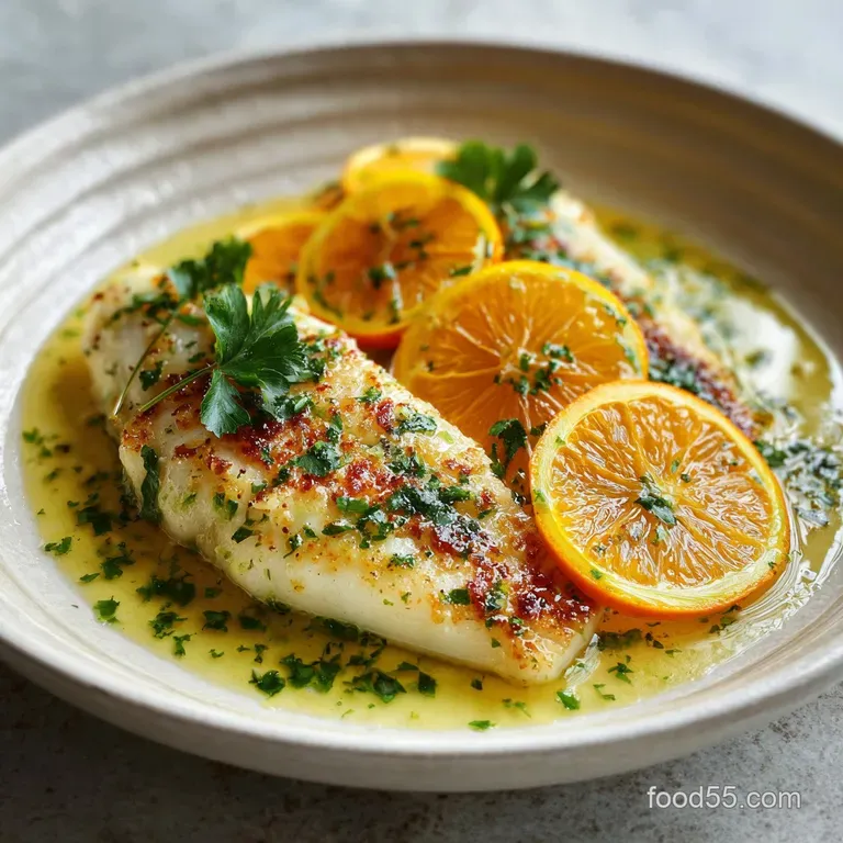 Delicate white fish with browned edges, artfully arranged on a plate with bright greens and a wedge of fresh lemon for squ...