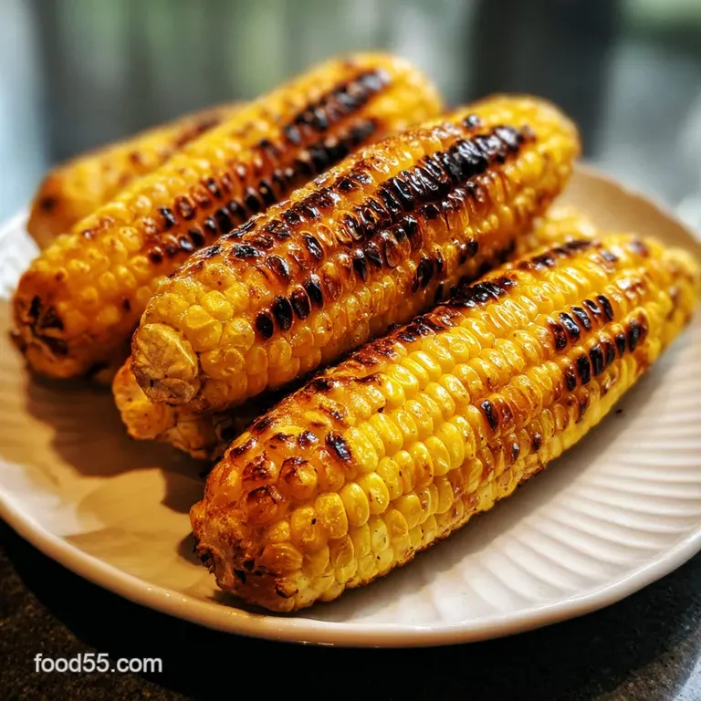 Buttery roasted corn, sprinkled with herbs & spices. Charred kernels create appealing textures on a bright, white plate.