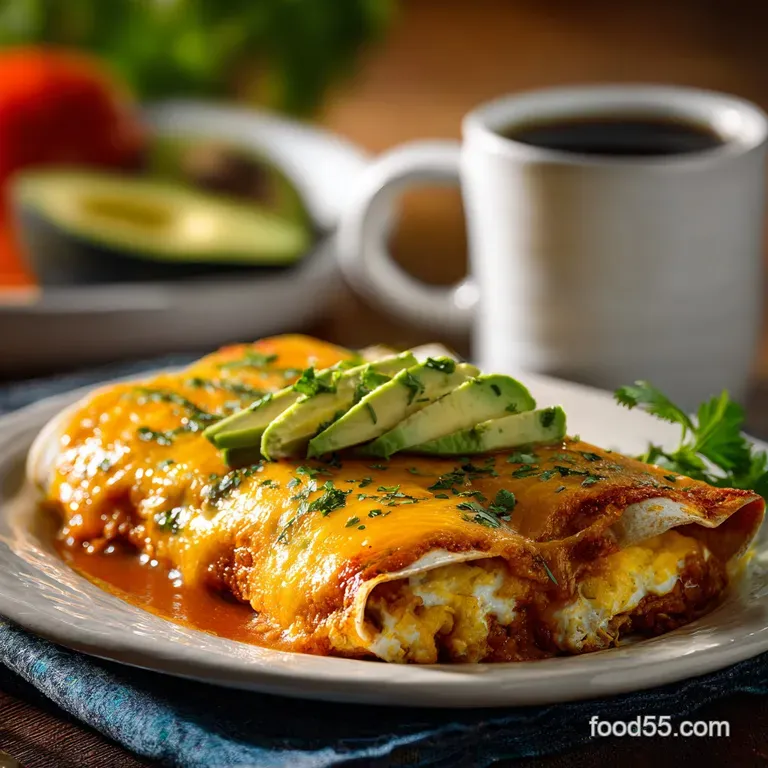 Cheesy enchilada casserole slice plated, garnished with cilantro & sour cream. Warm, inviting colors.