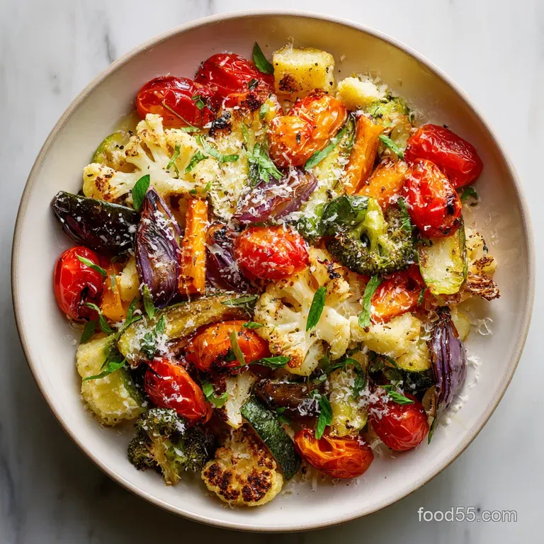 Close-up of a colorful roasted vegetable medley with crispy parmesan, artfully arranged on a white plate.