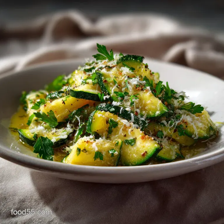 Artfully arranged zucchini nests, sprinkled with parmesan, offer a textural contrast against the white plate, a touch of e...