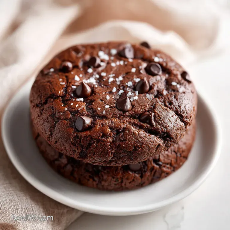 A stack of rich double chocolate chip cookies with shiny chips glistening, hinting at warmth and a melt-in-your-mouth text...