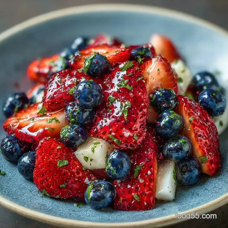 Fresh red, white, and blue berries arranged in a glass bowl on a white marble surface with a silver serving spoon.