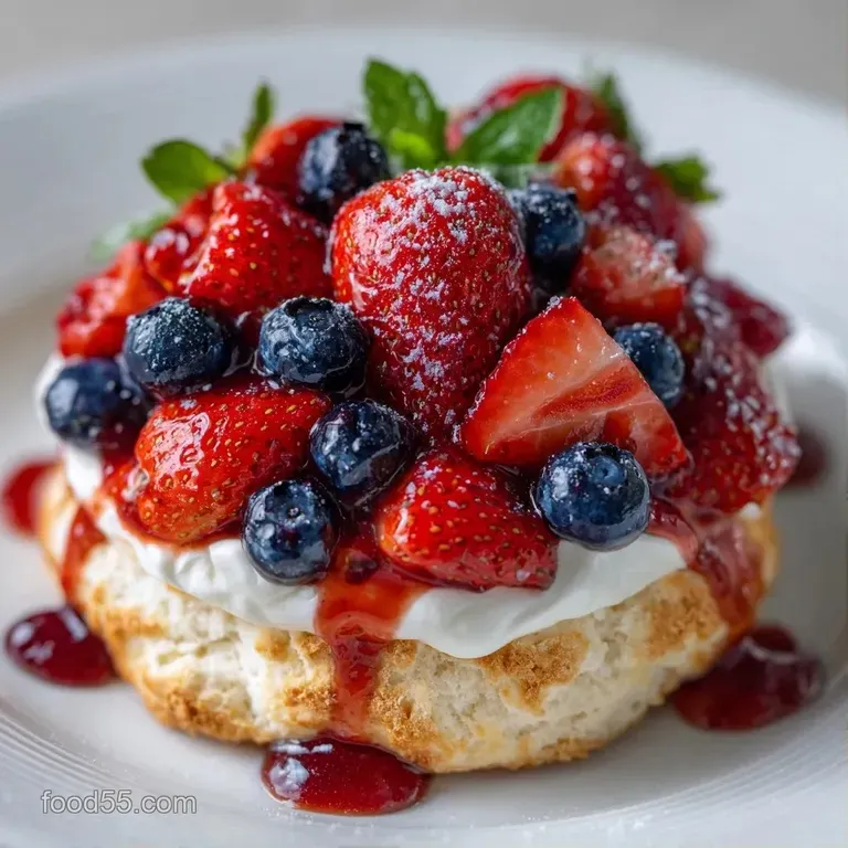 Elegant arrangement of buttery biscuits layered with whipped cream, vibrant red strawberries, and deep blue berries.