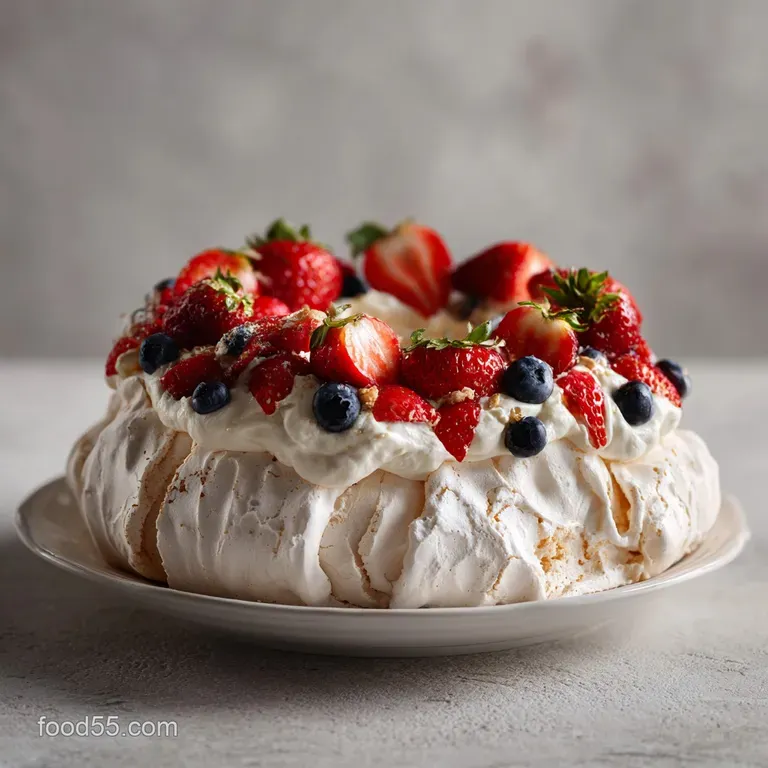 Elegant slice of pavlova: crisp meringue, smooth lemon curd, juicy berries, and mint sprig. Golden knife and fork.