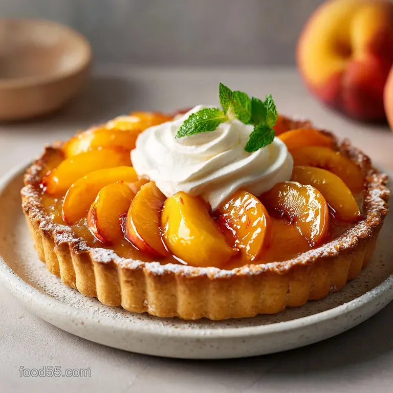 Slice of peach tart on a white plate, highlighting the layers of pastry, fruit, and a dollop of whipped cream.