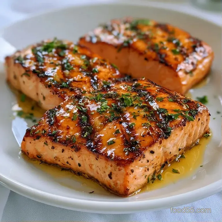 Seared pink salmon fillet over wilted spinach with a lemon butter drizzle and microgreens on a white ceramic plate.