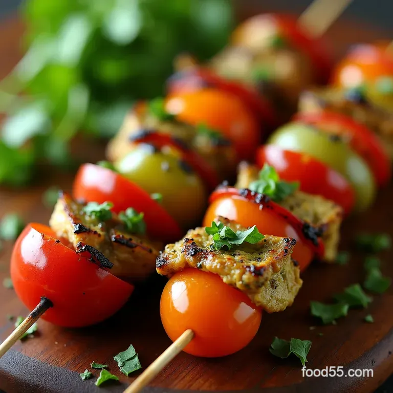 The Glorious Green Garden Grill Pesto Chicken Heirloom Tomato Kebabs presentation