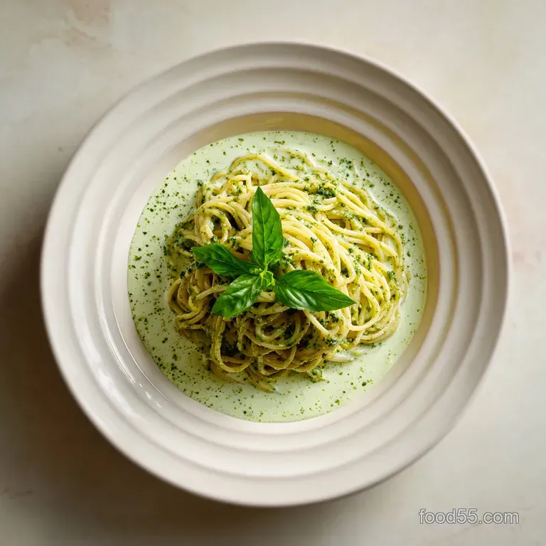 Creamy pesto sauce cascading over perfectly cooked pasta, topped with fresh basil and grated cheese, a vibrant, appetizing...