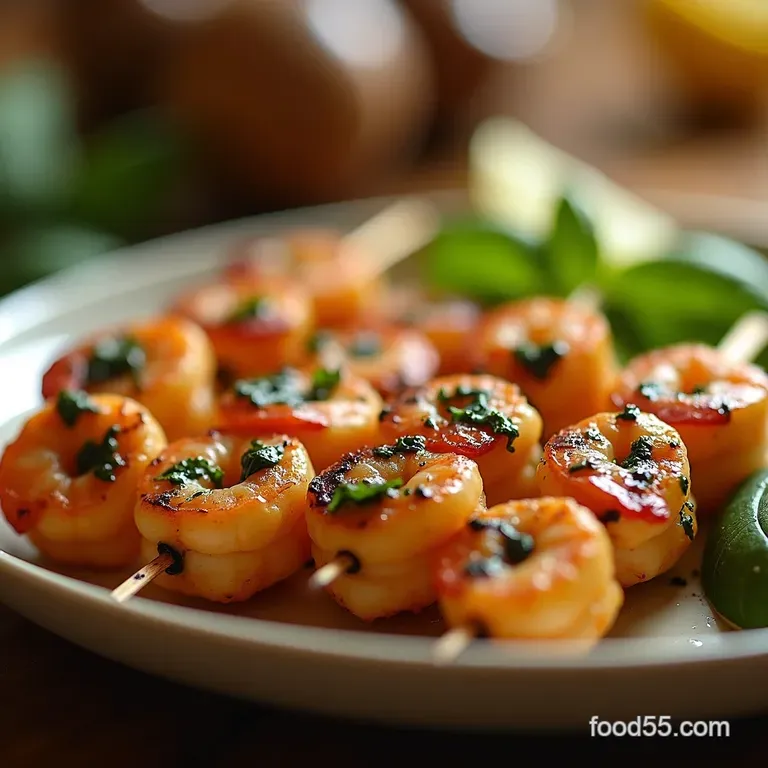 Sunkissed Basil Garlic Grilled Pesto Shrimp Skewers with Lemon Zest presentation