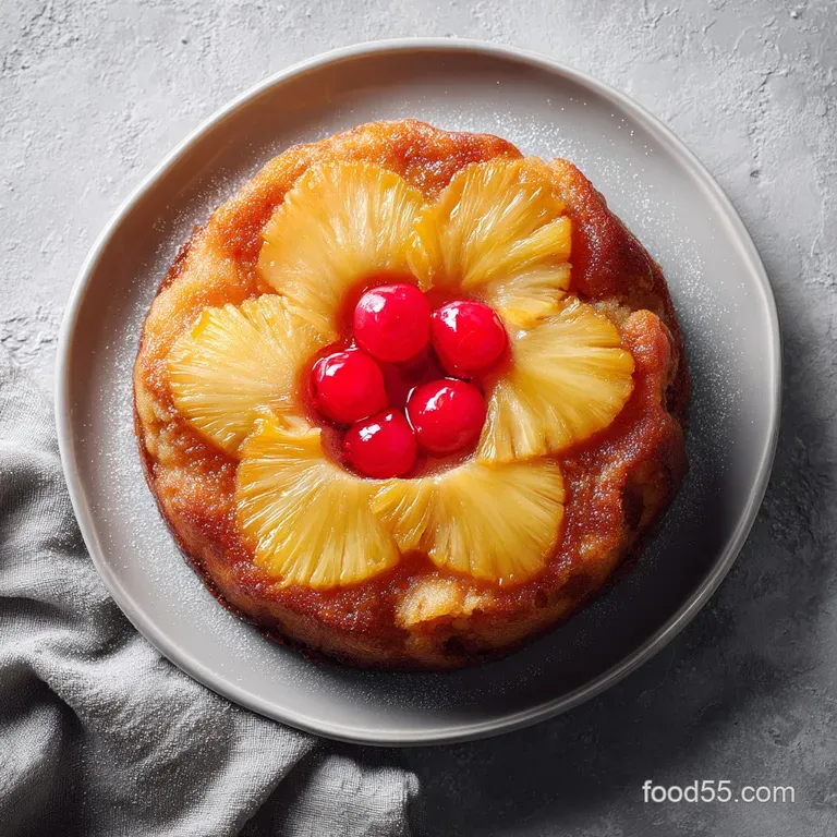 A neat slice of golden cake topped with a glossy pineapple ring and a cherry on a clean white ceramic plate.