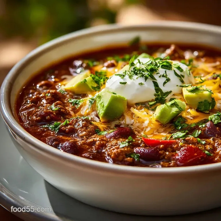 A steaming bowl of dark-red chili, garnished with melted cheddar, bright green onions, and fresh cilantro, inviting warmth...