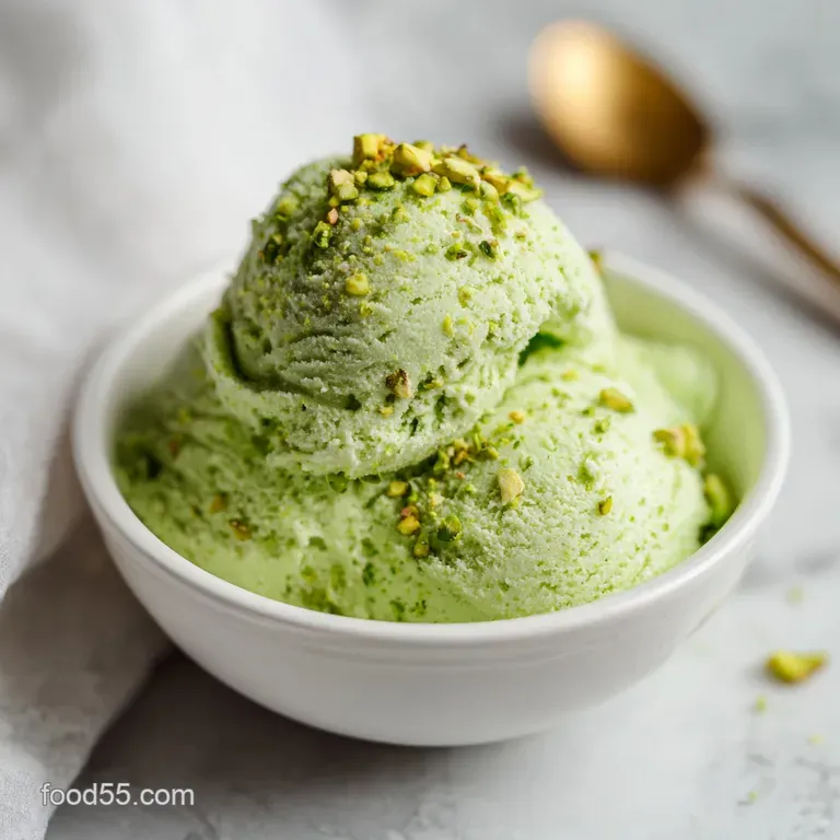 Elegant glass bowl with smooth mint-green frozen cream, garnished with a sprig of mint and toasted nuts