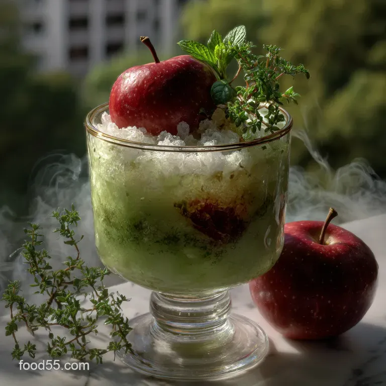 Crimson and ruby-red apple slices elegantly arranged with a shimmering, deep purple potion, garnished with a sugared rim.