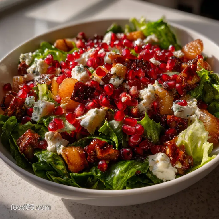 Artfully plated salad; charred brassicas arranged atop a bed of greens, scattered pomegranate, and a drizzle of bright vin...