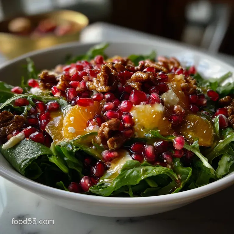 Vibrant salad with charred purple-tinged broccoli and cauliflower, jeweled with ruby pomegranate seeds, drizzled with crea...