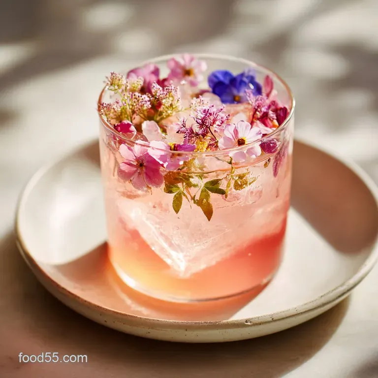 Elegant spring cocktail in stemmed glass, adorned with fresh berries & mint, catches the light, hinting at refreshment.