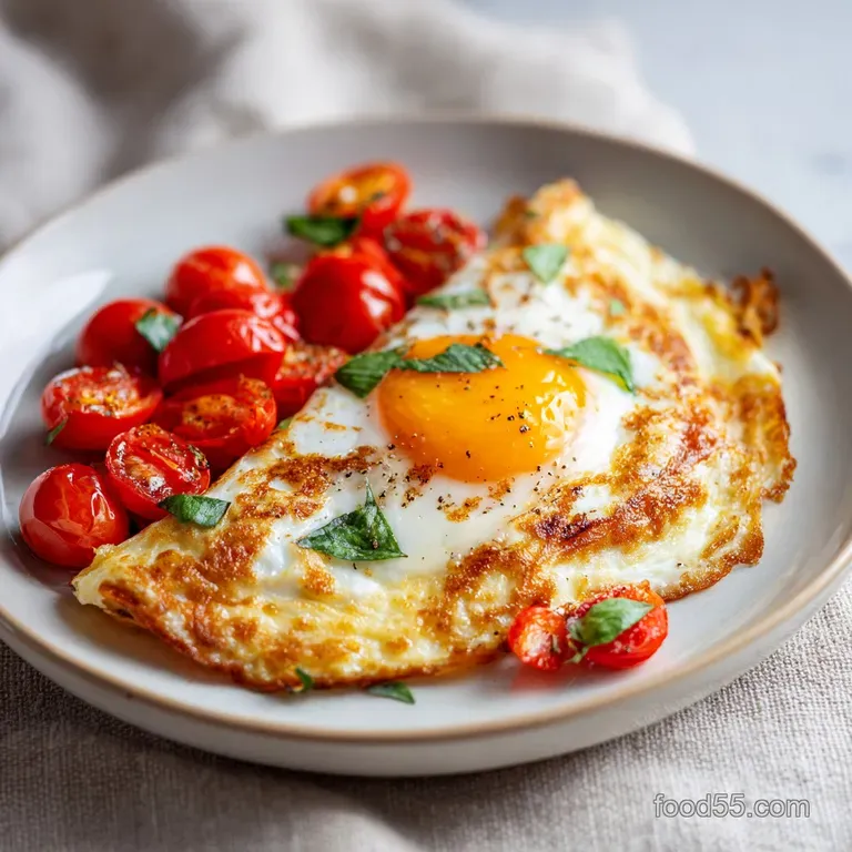 Fluffy egg white omelette garnished with vibrant chives and a dollop of creamy ricotta, presented elegantly on a patterned...
